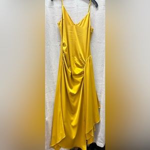 Mustard yellow satin dress with lightly ruched side - Medium